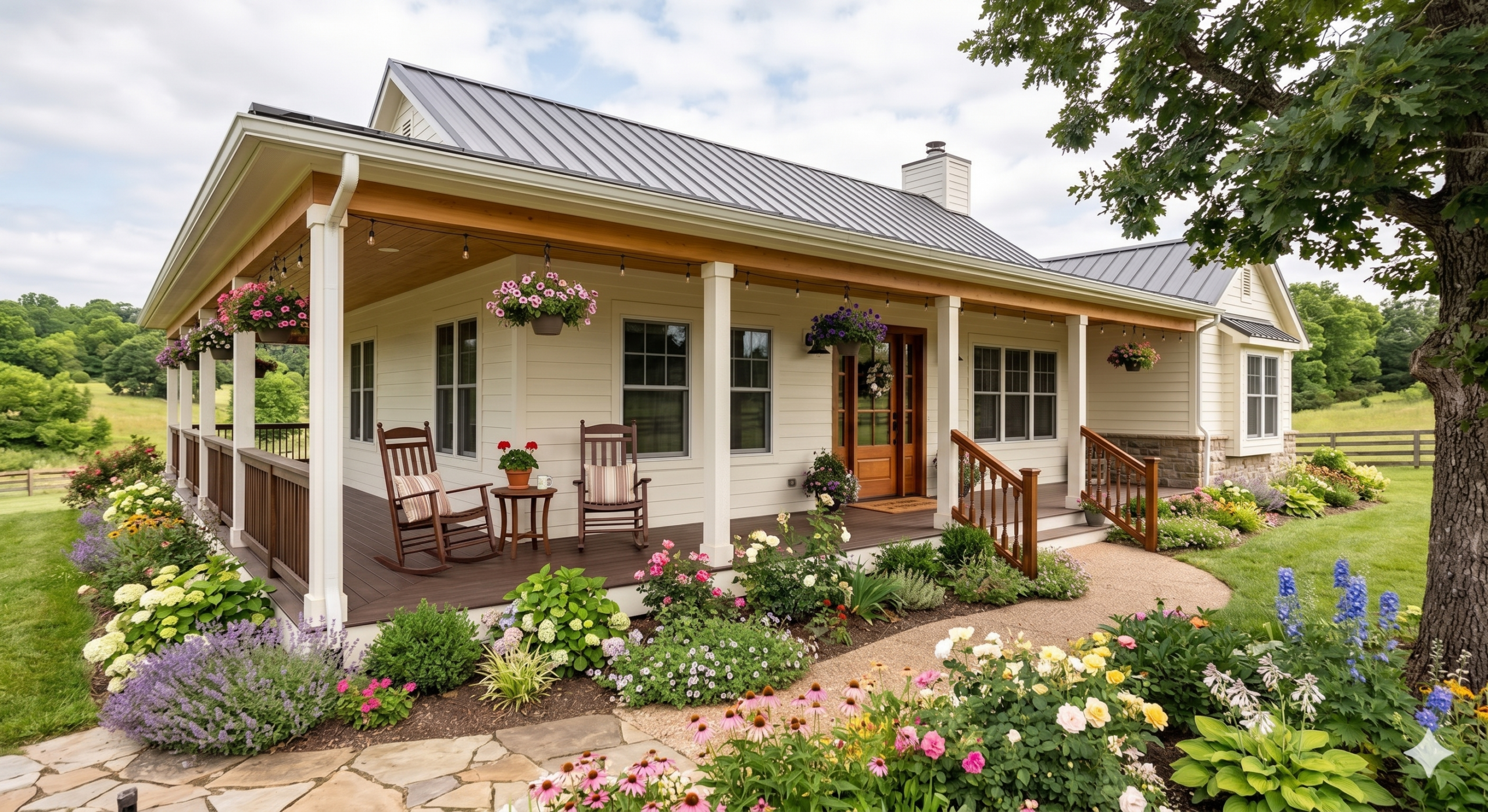 Farmhouse Single Level Steps with Handrail
